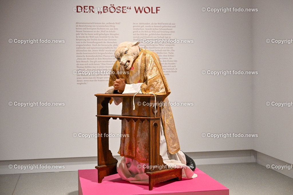 Schlossmuseum Linz_ Wolf_ 12.12.2023-6 | 12.12.2023, Schlossmuseum Linz, AUT, vom Krafttier zum Angsttier, Kulturgeschichte des Wolfes, im Bild Ausstellung Wolf, der Wolf im Schafpelz - Deborah Sengl