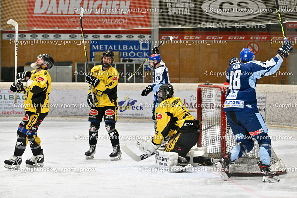 EC Hornets Spittal vs. ESC Steindorf 23.2.2024 | #33 Kabas Michael EC Hornets Spittal, #96 Peharz Joshua EC Hornets Spittal, #1 Zauchner Rene EC Hornets Spittal, #18 Pewal Martin ESC Steindorf, #69 Kreuzer Philipp ESC Steindorf, EC Hornets Spittal vs. ESC Steindorf 23.2.2024, EC Hornets Spittal vs. ESC Steindorf 23.2.2024 am 23.02.2024 in Spittal an der Drau (Eissportzentrum Spittal), Austria, (Photo by Bernd Stefan)