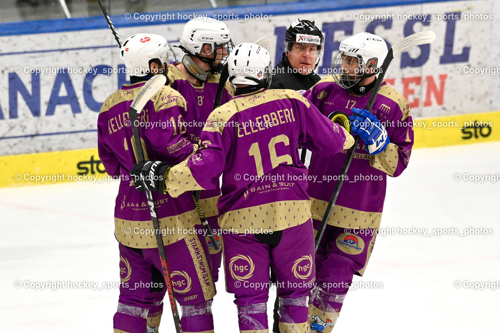 EC Kellerberg vs. EC Arnoldstein | Jubel EC Kellerberg Mannschaft, #18 Orter Andreas EC Kellerberg, #16 Tischner Lukas EC Kellerberg, #17 Erlacher Christoph EC Kellerberg, Pieber Manuel Referee, EC Kellerberg vs. EC Arnoldstein, EC Kellerberg vs. EC Arnoldstein am 03.02.2025 in Villach (Stadthalle Villach), Austria, (Photo by Bernd Stefan)