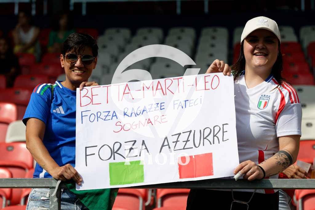Belgium v Italy - UEFA Women's EURO 2025 Group B | SION, SWITZERLAND - JULY 3: Fans of Italy with banner during the UEFA Womens EURO 2025 Group B match between Belgium and Italy at Stade de Tourbillon on July 3, 2025 in Sion, Switzerland. (Photo by Giuseppe Velletri/Sports Press Photo/Getty Images)