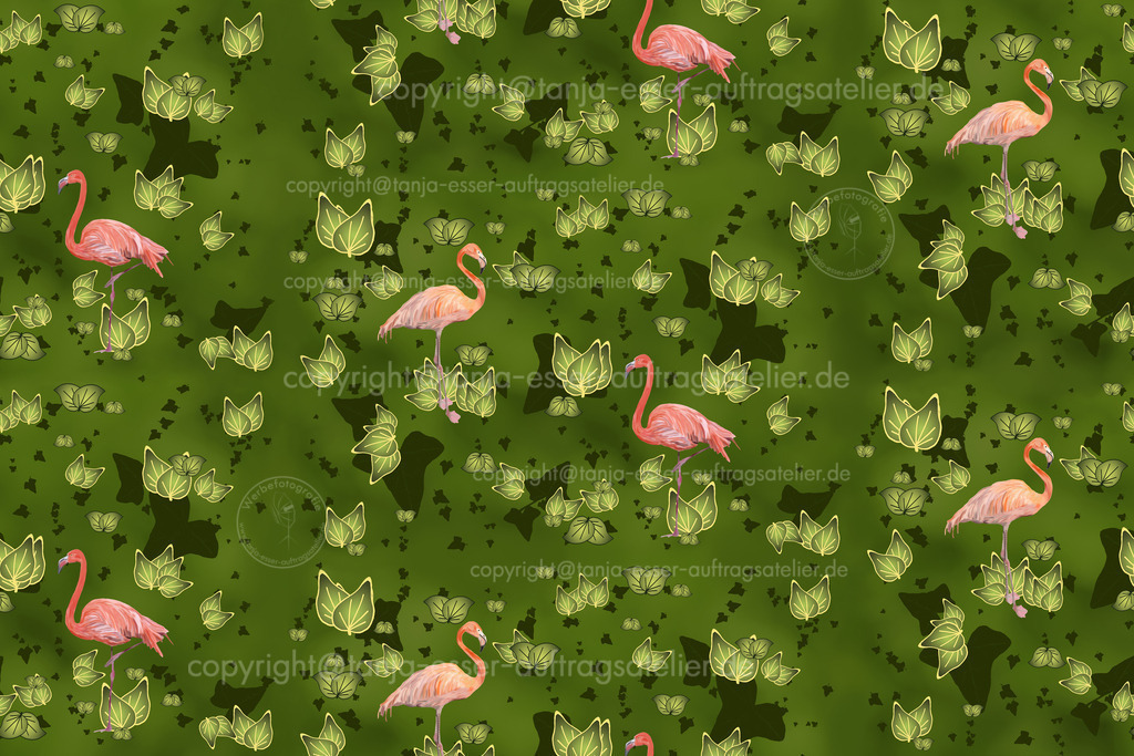 Flamingos vor grünem Laub als nahtloses Muster exklusiv | Entdecken Sie hochwertige, regionale Fotos von Brilon und dem Sauerland im Auftrags Atelier Shop von Tanja Esser. Von Landschaften und Architektur bis hin zu Eventaufnahmen, Illustrationen – das Angebot bietet Ihnen Downloads, Wandbilder, Videos, Geschenk