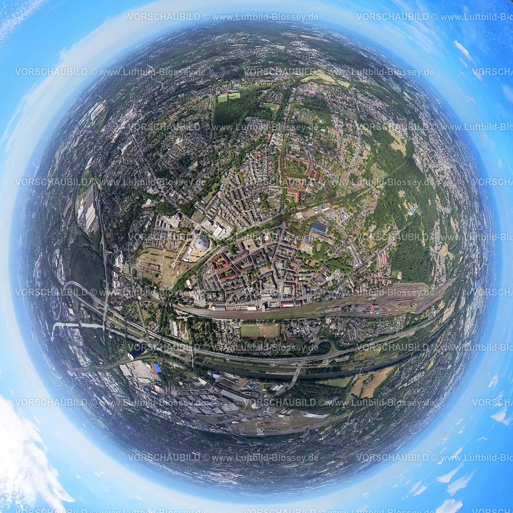 Oberhausen20220803_4Osterfeld | Luftbild, Ansicht Ortsteil Osterfeld, Rangierbahnhof Oberhausen Osterfeld, runder Gartendom, Fisheye Aufnahme, Fischaugen Aufnahme, 360 Grad Aufnahme, Osterfeld, Oberhausen, Ruhrgebiet, Nordrhein-Westfalen, Deutschland