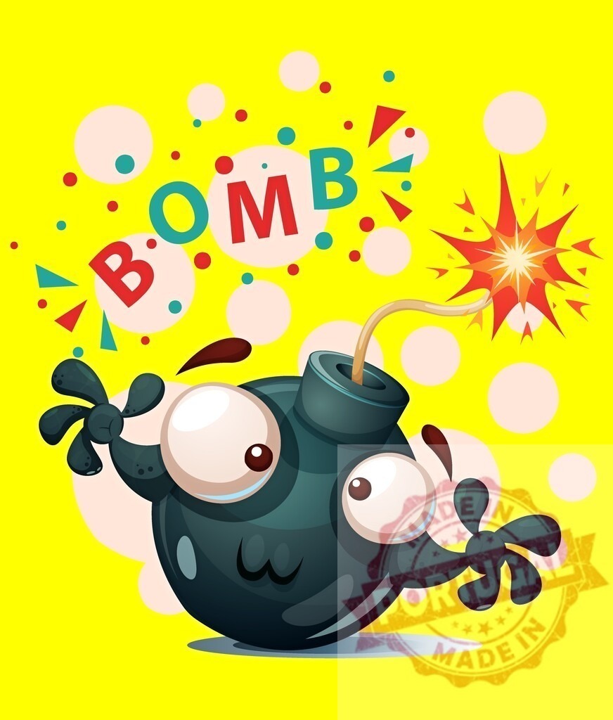 Bomb cartoon character looking surprised with explosion lighting fuse. T-Shirt design | Funny bomb cartoon character reacting to a lit fuse and explosion on yellow background - Realisiert mit Pictrs.com