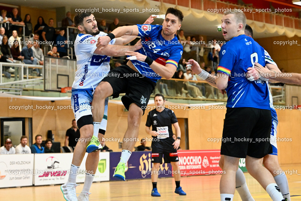 SC Ferlach vs. HC Linz AG 11.10.2023 | #7 GRGIC Mislav HC LINZ, #24 JOVANOVIC Mladan SC Ferlach, #8 KNAPP Simon SC Ferlach, SC Ferlach vs. HC Linz AG 11.10.2023, SC Ferlach vs. HC Linz AG am 11.10.2023 in Ferlach (Ballspielhalle Ferlach), Austria, (Photo by Bernd Stefan)
