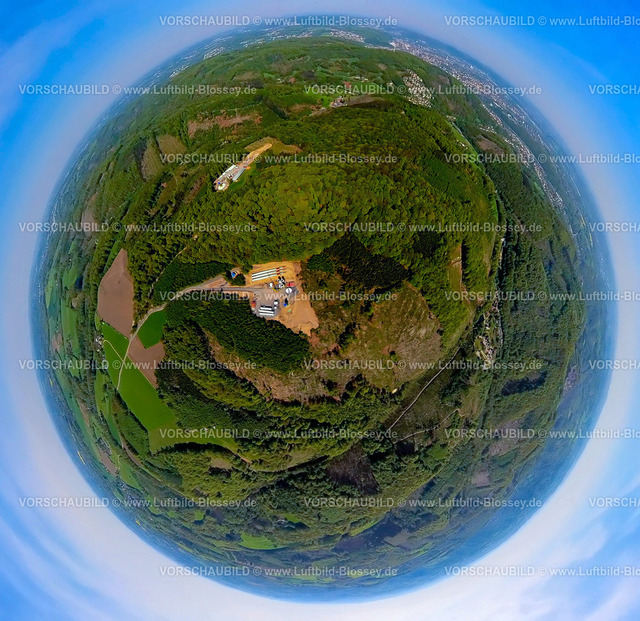 Hagen240590277WaldgebietRafflenbeul | Luftbild, Baustellen für Windrad im Waldgebiet mit Waldschäden, Rafflenbeuler Kopf, Erdkugel, Fisheye Aufnahme, Fischaugen Aufnahme, 360 Grad Aufnahme, tiny world, little planet, fisheye Bild, Eilpe, Hagen, Ruhrgebiet, Nordrhein-Westfalen, Deutschland
