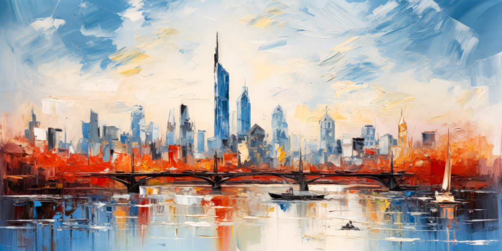 2307153 - Frankfurt Skyline | Abstraktes digitales Bild der Frankfurter Skyline mit der Anmutung eines handgemalten Ölgemäldes.