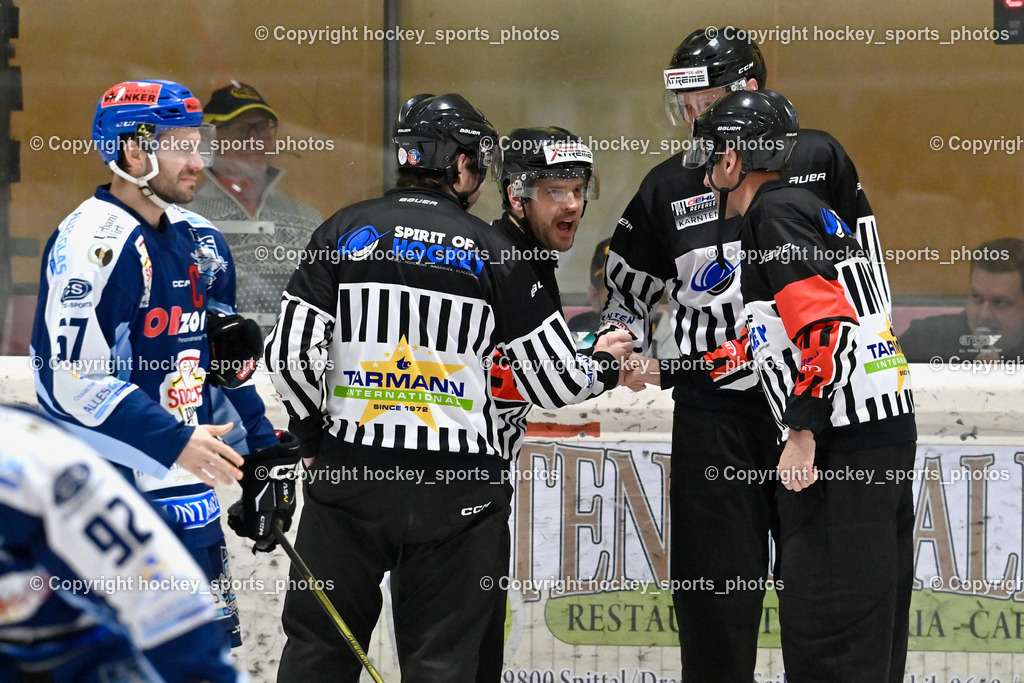EC Hornets Spittal vs. ESC Steindorf 23.2.2024 | #57 Wilfan Franz ESC Steindorf, Grimmiger Raphael Referee, DREIER Alexander Referee, WIDMANN Floria Referee, MIKE David Norbert Referee, EC Hornets Spittal vs. ESC Steindorf 23.2.2024, EC Hornets Spittal vs. ESC Steindorf 23.2.2024 am 23.02.2024 in Spittal an der Drau (Eissportzentrum Spittal), Austria, (Photo by Bernd Stefan)