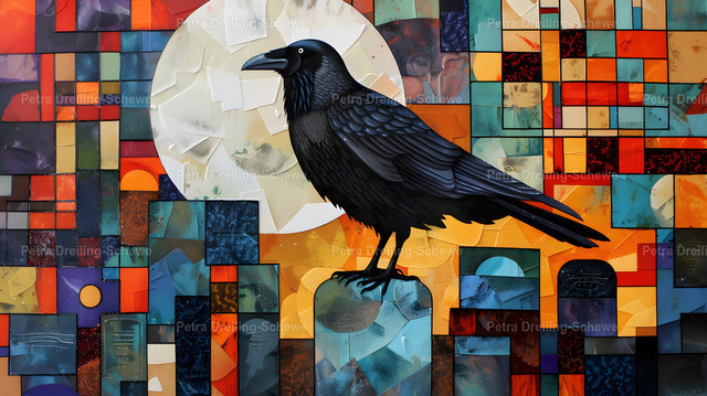 Der Rabe holt deine Seele | Kubisitscher Rabe auf einem Grabstein. Mythologisches Motiv mit KI generiert. Als Hintergrund für der PC- oder TV-Monitor. - Realisiert mit Pictrs.com