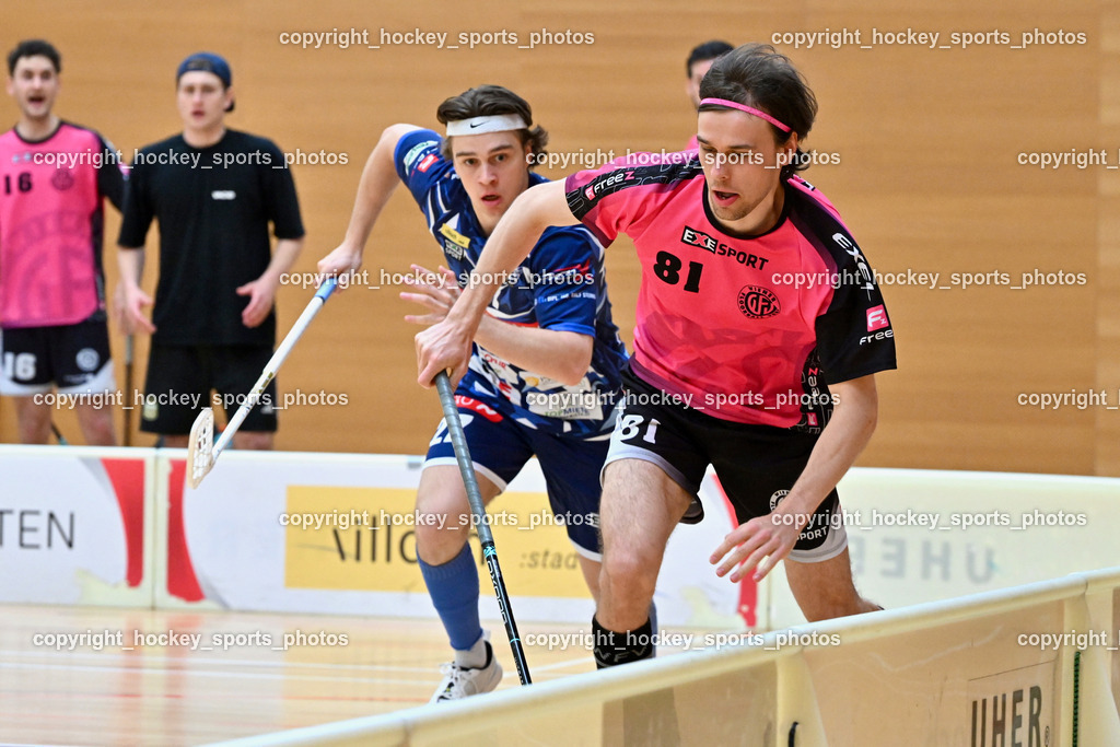 VSV Unihockey vs. Wiener Floorball Verein | #81 LAUKKANEN Jesse Wiener Floorballverein, #27 Lukas Floriantschitz VSV Unihockey, VSV Unihockey vs. Wiener Floorball Verein, VSV Unihockey vs. Wiener Floorball Verein am 18.05.2025 in Villach (Ballspielhalle St. Martin), Austria, (Photo by Bernd Stefan)