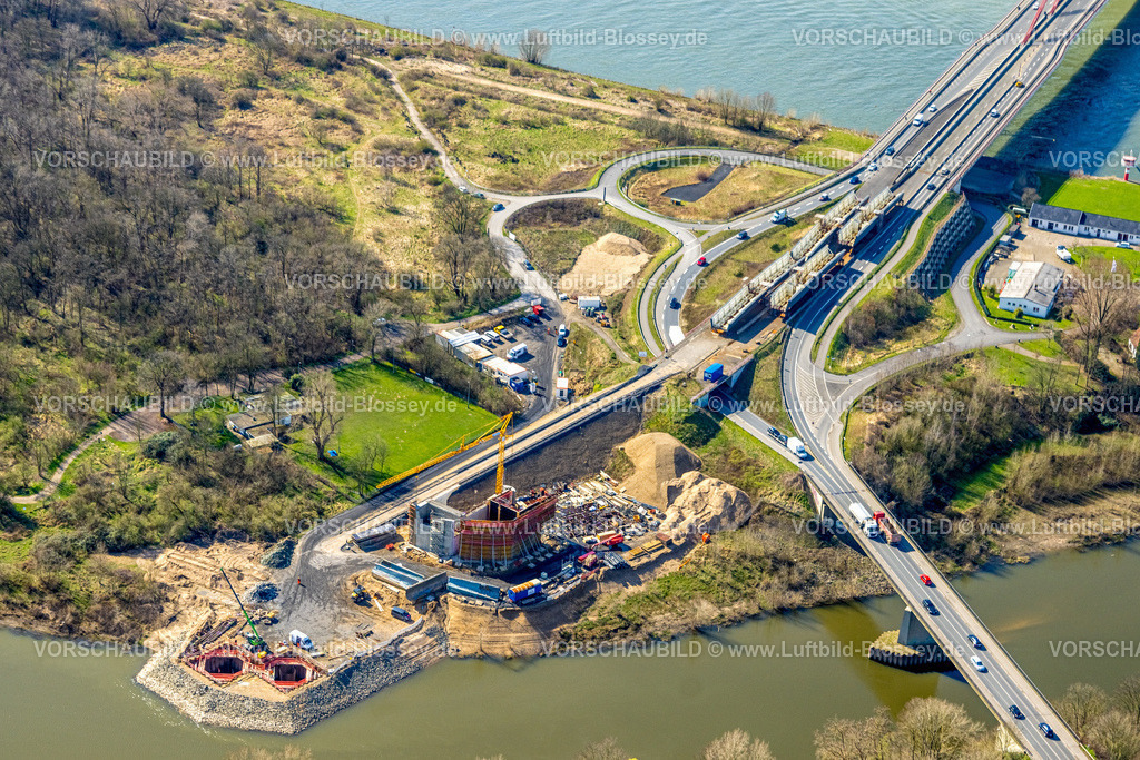 Wesel240310617 | Luftbild, Lippemündungsraum NSG Naturschutzgebiet Lippemündung, Baustelle und Neubau Brücke Schillstraße B58 an der Niderrheinbrücke Wesel und Büdericher Insel, Wesel, Nordrhein-Westfalen, Deutschland