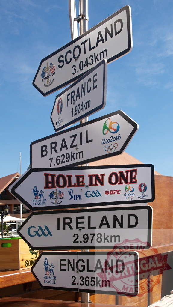 Sports world destinations and golf hole in one sign | Signpost featuring major sports events, countries, and a Hole in One golfing message - Realisiert mit Pictrs.com