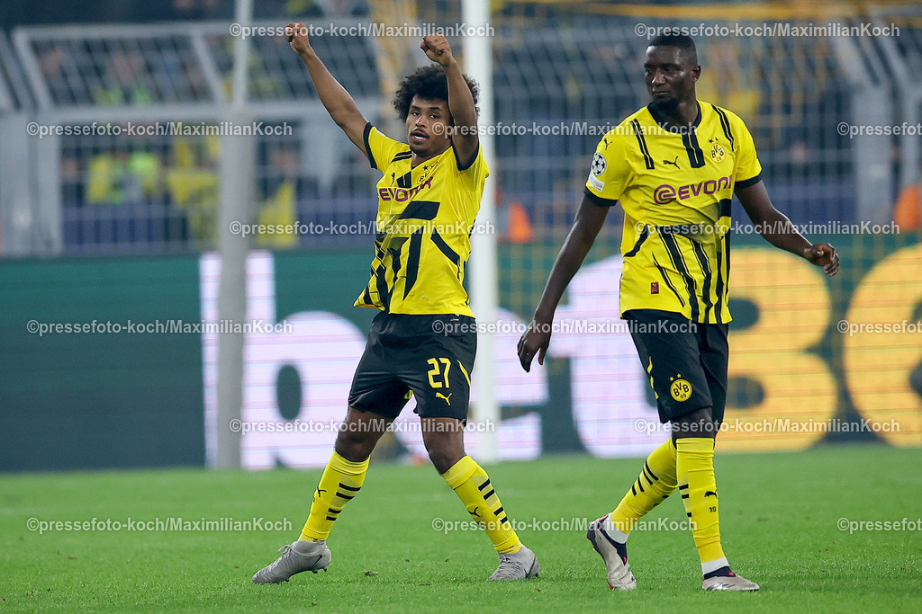 BVB01102402152 | 01.10.2024, Fußball, UEFA Champions League, Borussia Dortmund - Celtic Glasgow, 2. Spieltag, Signal Iduna Park, Saison 2024 2025: Torjubel 2:1 Karim Adeyemi (BVB #27) und Serhou Guirassy (BVB #9)