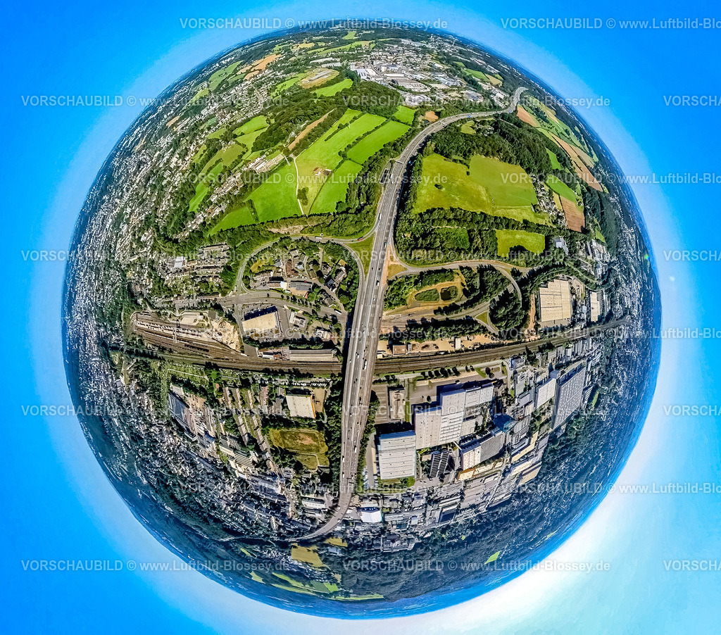 Schwelm240890753A1AbfahrtSchwelm | Luftbild, Autobahn A1 Ausfahrt Schwelm, Brücke über Bahngleise, Gewerbegebiet EDE-Platz, Erdkugel, Fisheye Aufnahme, Fischaugen Aufnahme, 360 Grad Aufnahme, tiny world, little planet, fisheye Bild, Loh, Schwelm, Ruhrgebiet, Nordrhein-Westfalen, Deutschland