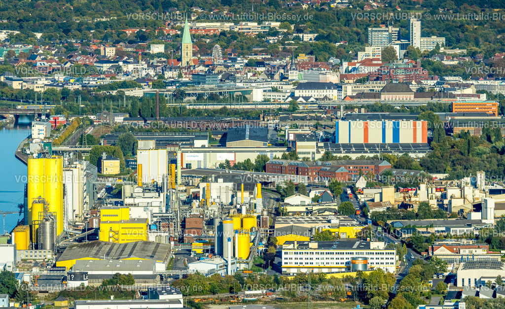 Hamm250904602 | Luftbild, Hafen mit Brökelmann Ölmühle und Blick zur City mit evang. Pauluskirche, Stadtbezirk Herringen, Hamm, Ruhrgebiet, Nordrhein-Westfalen, Deutschland