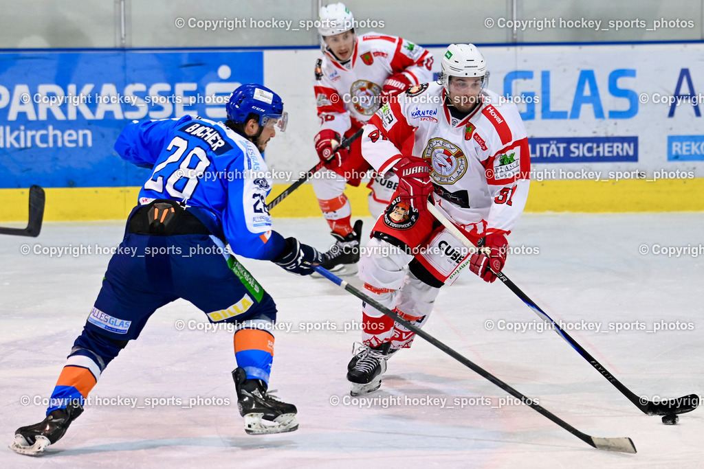 ESC Steindorf vs. ESV Ferlach  | #28 Bacher Stefan ESC Steindorf, #81 Potocnik Kristof ESV Ferlach, #10 Zusevics Zintis Nauris ESV Ferlach, ESC Steindorf vs. ESV Ferlach , ESC Steindorf vs. ESV Ferlach  am 15.02.2026 in Steindorf (Ossiachersee Halle), Austria, (Photo by Bernd Stefan)