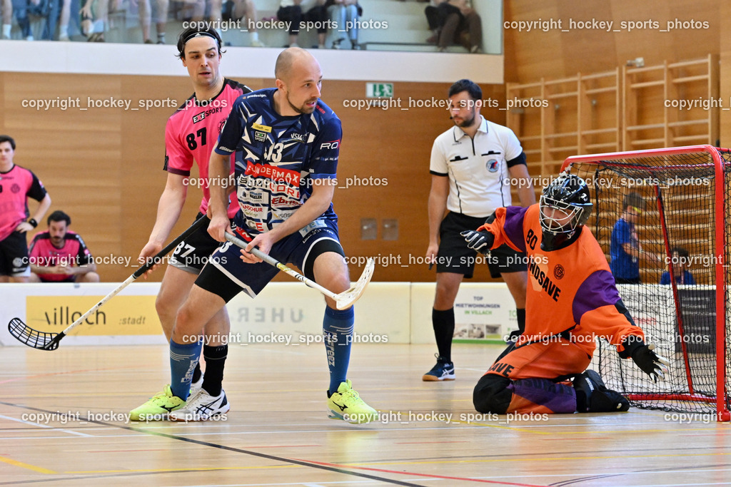 VSV Unihockey vs. Wiener Floorball Verein | #87 Christian Lindquist Wiener Floorballverein, #13 Jan Sláma VSV Unihockey, #80 BEZUCHA Bernhard Wiener Floorballverein, VSV Unihockey vs. Wiener Floorball Verein, VSV Unihockey vs. Wiener Floorball Verein am 18.05.2025 in Villach (Ballspielhalle St. Martin), Austria, (Photo by Bernd Stefan)
