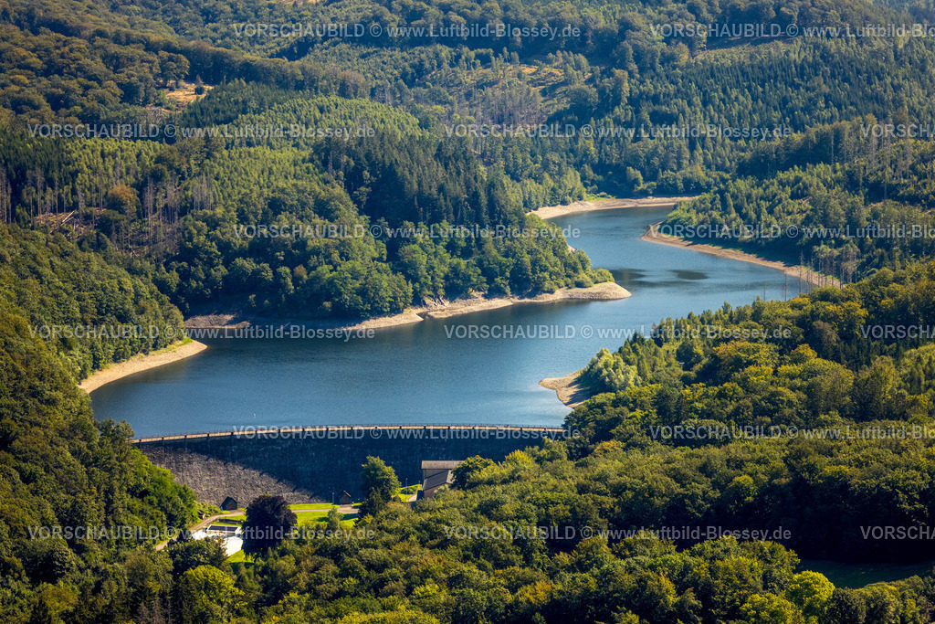 Ennepetal240814455 | Luftbild, Hasper Talsperre und Staumauer im Waldgebiet,  Sehenswürdigkeit, Haspe, Hagen, Ruhrgebiet, Nordrhein-Westfalen, Deutschland