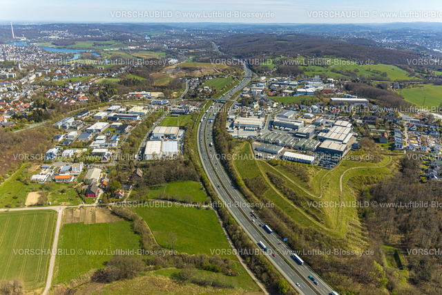 Wetter220401626 | Luftbild, Gewerbegebiet Nielandstraße und Gewerbegebiet Schöllinger Feld mit Autobahn A1 und Kippe Enerke im Hintergrund, Schmandbruch, Wetter, Ruhrgebiet, Nordrhein-Westfalen, Deutschland