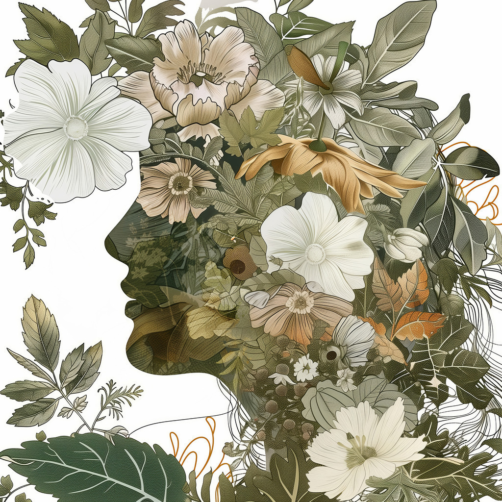 2407060 - Florales Gesicht | Ein schemenhaftes Gesicht bedeckt mit floralen Elementen im Illustrationsstil.Bestellen Sie dieses Motiv als hochwertigen Kunstdruck z.B. auf Leinwand oder als Poster. Für Preise, Größen- und Materialauswahl klicken Sie bitte auf "Bestellen.