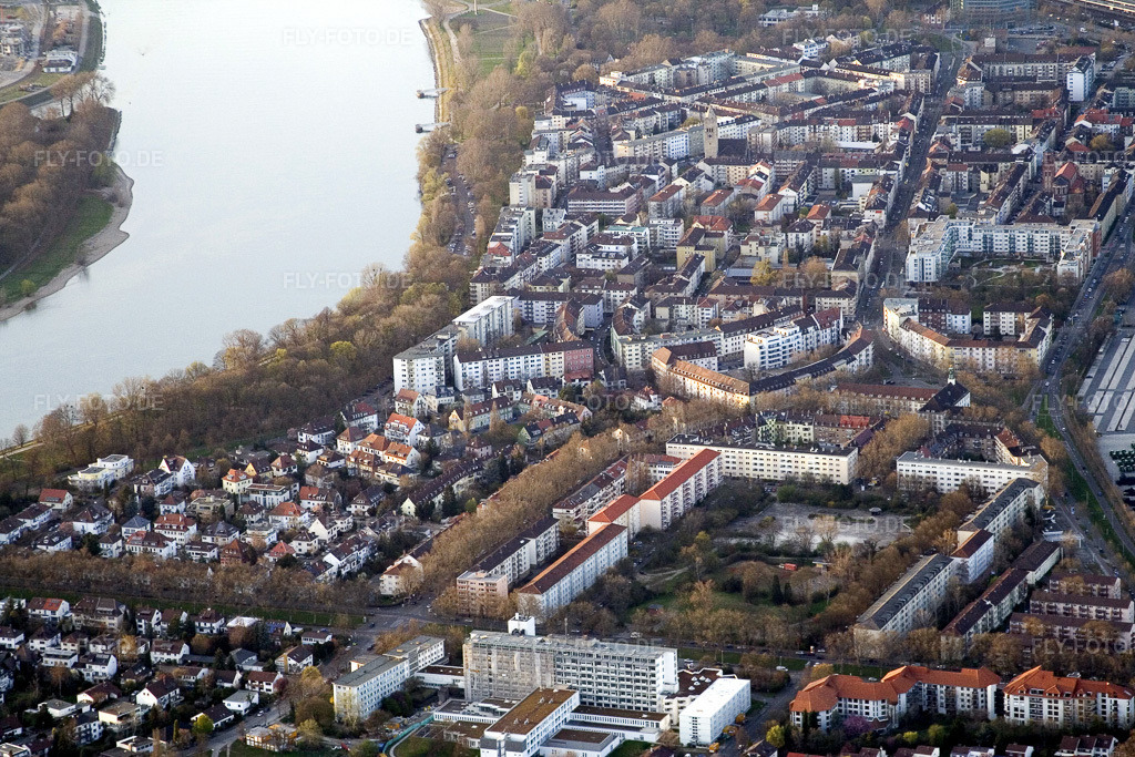 Luftbild: Stephanienufer, Pfalzplatz, Diakonissen KH im Ortsteil Lindenhof in Mannheim im Bundesland Baden-Württemberg in Deutschland. Foto: IMG_10161.jpg vom 29.03.2008 durch Werner Riehm/FLY-FOTO.de