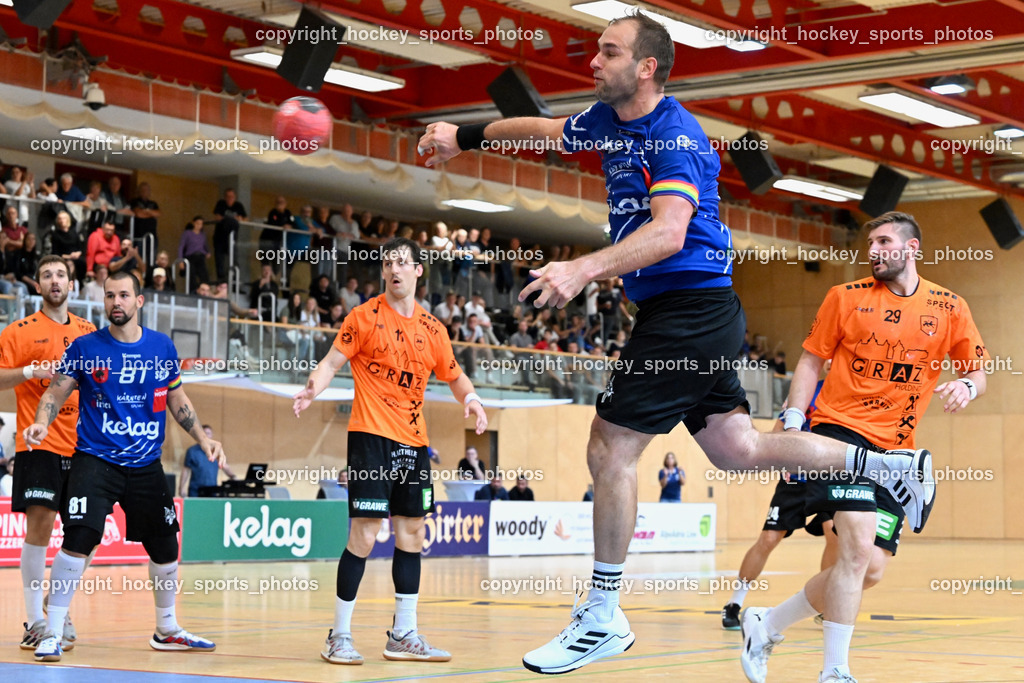 SC Ferlach vs. HSG Holding Graz 23.9.2023 | #57 LEBAN Patrik SC Ferlach, #29 Schweighofer Lukas Holding Graz, #11 ALBEK Joszef Holding Graz, #81 MILICEVIC Adrian SC Ferlach, SC Ferlach vs. HSG Holding Graz 23.9.2023, SC Ferlach vs. HSG Holding Graz am 23.09.2023 in Bleiburg (Ballspielhalle Ferlach), Austria, (Photo by Bernd Stefan)