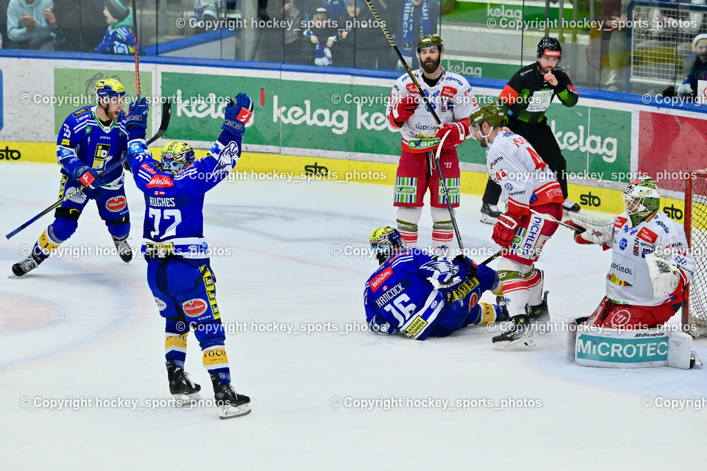 EC VSV vs. HC Bozen 16.2.2024 | Jubel EC VSV, #44 Valentine Scott, #16 Kevin Hancock,  #55 Vandane Davis, #55 SABOLIC Robert,  #72 HUGHES John,EC VSV vs. HC Bozen 16.2.2024, EC VSV vs. HC Bozen 16.2.2024 am 16.02.2024 in Villach (Stadthalle Villach), Austria, (Photo by Bernd Stefan)