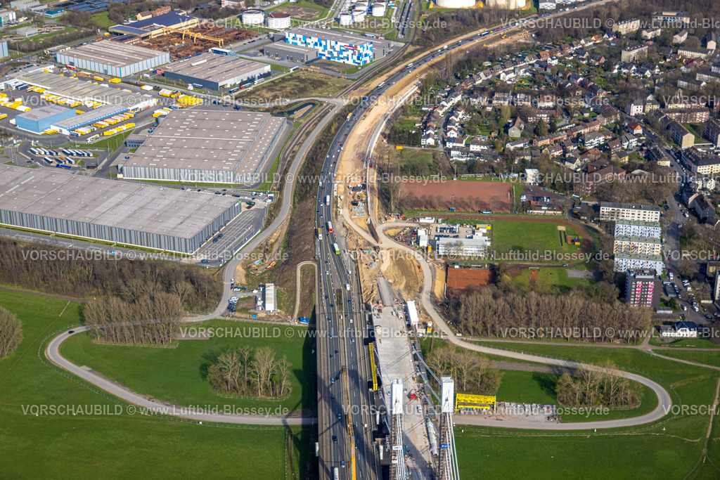 Duisburg230303041 | Luftbild, Baustelle mit Erweiterung der Autobahn A40 inklusive Ersatzneubau der Rheinbrücke Neuenkamp, Alt-Homberg, Duisburg, Ruhrgebiet, Nordrhein-Westfalen, Deutschland