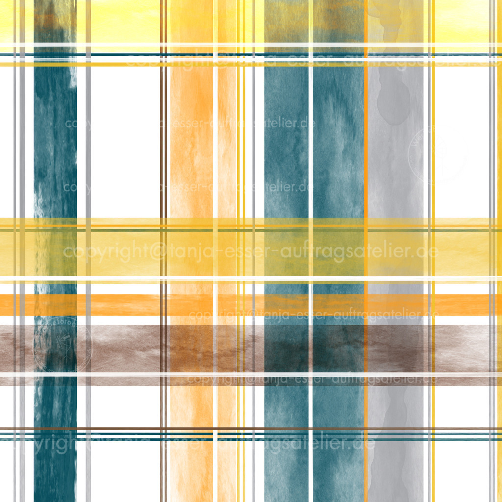 Schottenkaro orange, grau und petrolfarbig texturiert im Aquarell Look auf weißem Hintergrund. Kariertes schottisches endlos Muster. | Schottenkaro orange, grau und petrolfarbig texturiert im Aquarell Look auf weißem Hintergrund. Kariertes schottisches endlos Muster.