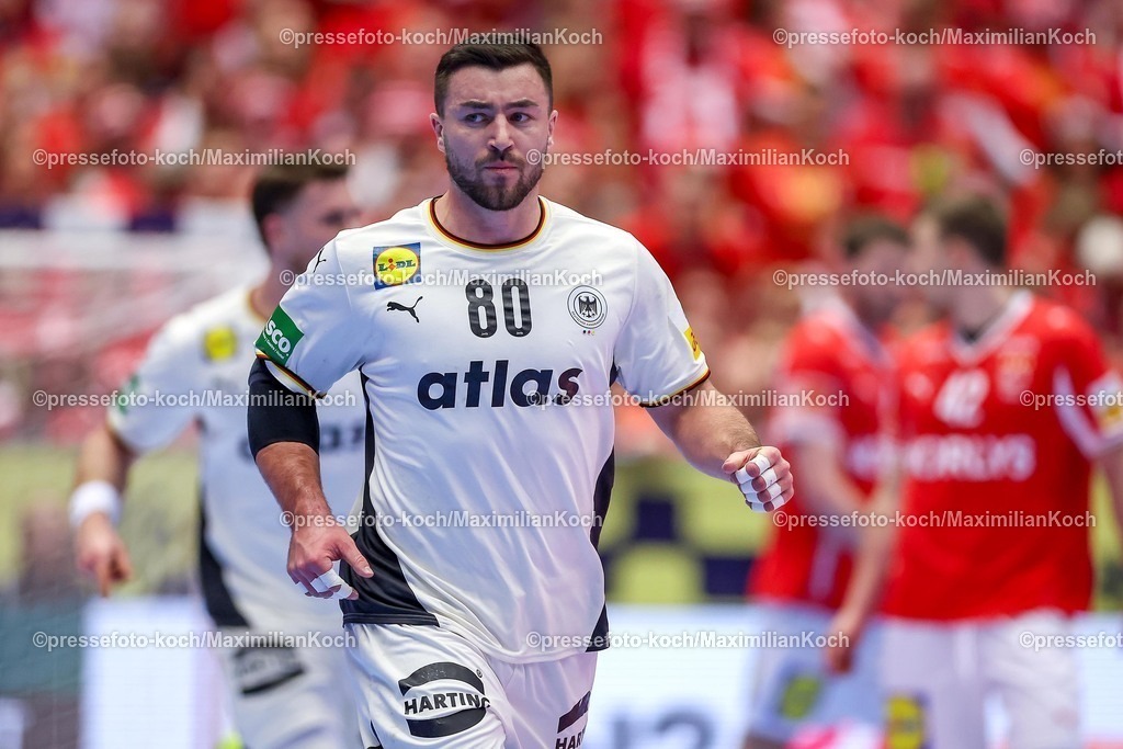EHF01022602049 | 01.02.2026, Handball, Men's EHF EURO 2026, Deutschland - Dänemark, Jyske Bank Boxen in Herning, Final:  Jannik Kohlbacher (Germany #80) 