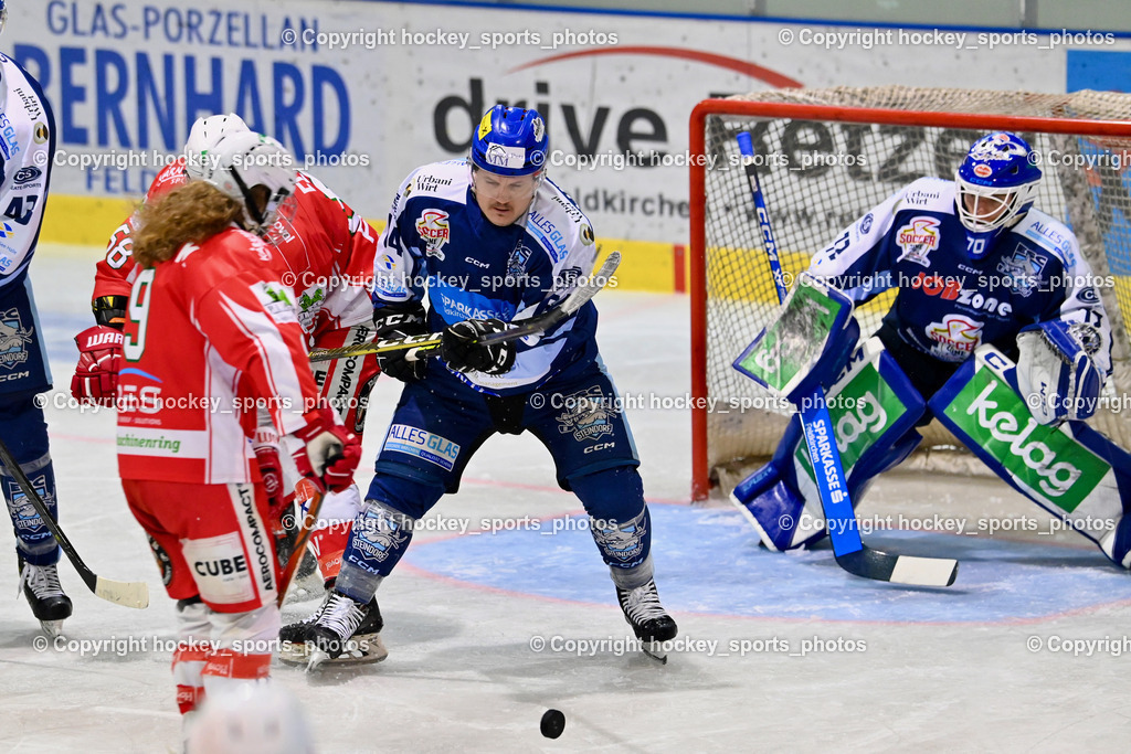 ESC Steindorf vs. ESV Ferlach | #9 Steiner Markus ESV Ferlach, #64 Stichauner Fabian ESC Steindorf, #72 Moser Lukas ESC Steindorf, ESC Steindorf vs. ESV Ferlach, ESC Steindorf vs. ESV Ferlach am 19.10.2024 in Steindorf (Ossiachersee Halle), Austria, (Photo by Bernd Stefan)