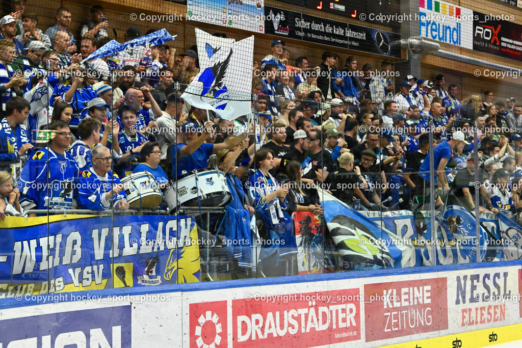 EC IDM Wärmepumpen VSV vs. HC Bozen 19.9.2023 | EC VSV Fans, Blau Weiss Villach, Absolut Villach, win2day icehockeyleague, EC IDM Wärmepumpen - HC Bozen  am 19.09.2023 in Villach (Stadhalle Villach), Austria, (Photo by Bernd Stefan)
