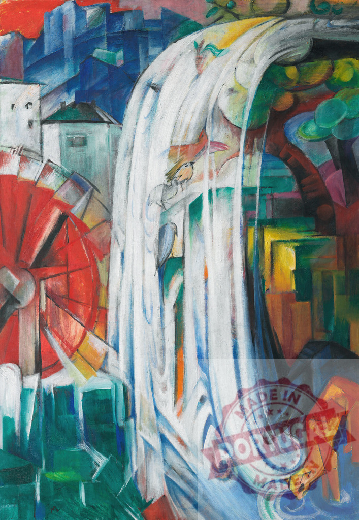 Abstract painting depicting city waterfall with water wheel and cat | Colorful abstract painting showing a waterfall flowing through a city with a water wheel and a cat - Realized with Pictrs.com
