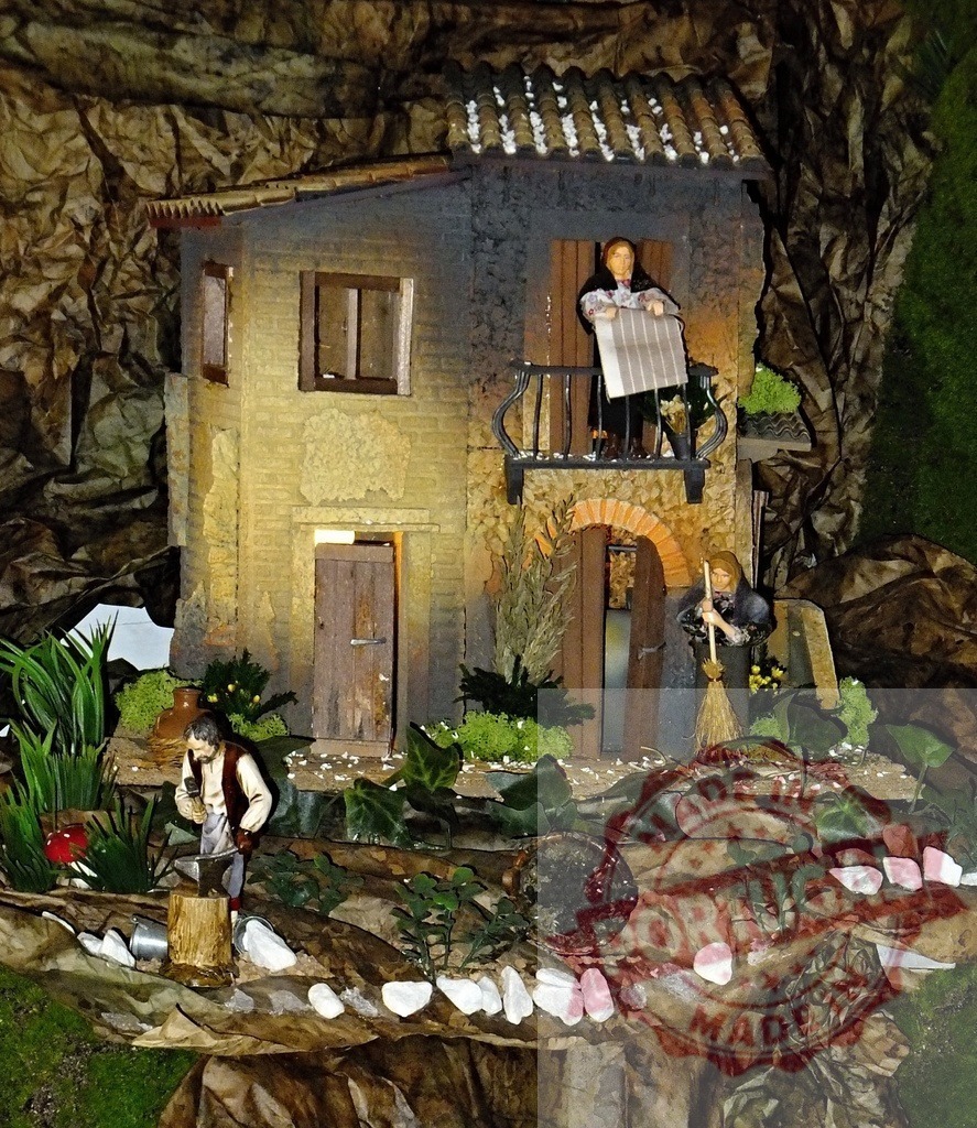 Miniature house with people working, christmas nativity scene detail | Miniature house with people working, christmas nativity scene detail with plants and stones - Realized with Pictrs.com