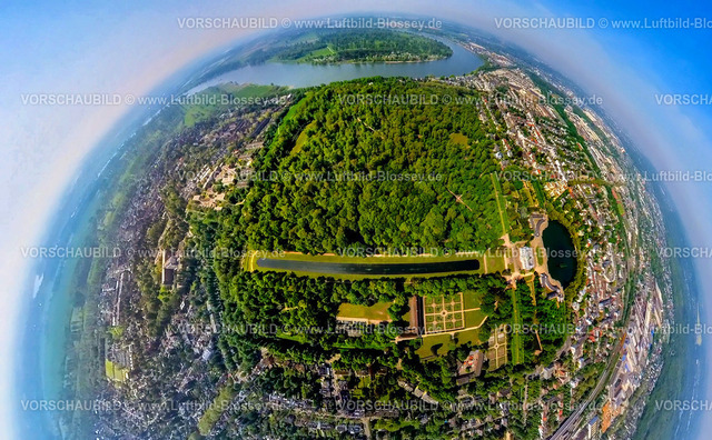 Duesseldorf240590100SchlossParkBenrath | Luftbild, Fluss Rhein und Schloss Benrath mit Schlossweiher und Schlosspark, Orangerie Schloss Benrath und langgezogener Spiegelweiher, Waldgebiet, Erdkugel, Fisheye Aufnahme, Fischaugen Aufnahme, 360 Grad Aufnahme, tiny world, little planet, fisheye Bild, Benrath, Düsseldorf, Nordrhein-Westfalen, Deutschland