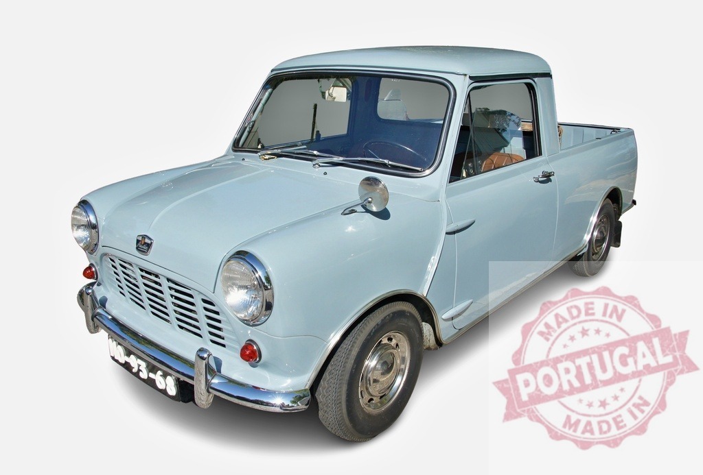 Classic light blue Mini pickup truck from British Motor Corporation parked on white background | Vintage Mini pickup truck from BMC, featuring a distinctive light blue paint job, parked against a clean white backdrop - Realisiert mit Pictrs.com