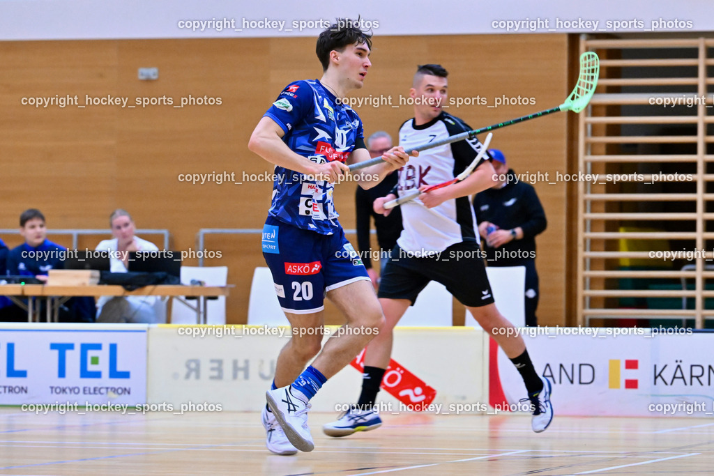 VSV Unihockey vs. IBK CARTOON HEROES | #20 David Gredler VSV Unihockey, #7 Zsolt Pupek IBK CARTOON HEROES, VSV Unihockey vs. IBK CARTOON HEROES, VSV Unihockey vs. IBK CARTOON HEROES am 22.02.2025 in Villach (Ballspielhalle St. Martin), Austria, (Photo by Bernd Stefan)