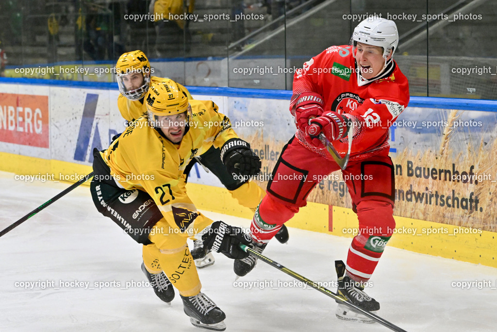 KSV KÄNGURUS vs. EHC Lustenau | #27 D’Alvise Christopher EHC Lustenau, #12 Telsnig Lukas KSV, KSV, KSV KÄNGURUS vs. EHC Lustenau, KSV KÄNGURUS vs. EHC Lustenau am 14.03.2026 in Kapfenberg (Sportzentrum Kapfenberg), Austria, (Photo by Bernd Stefan)
