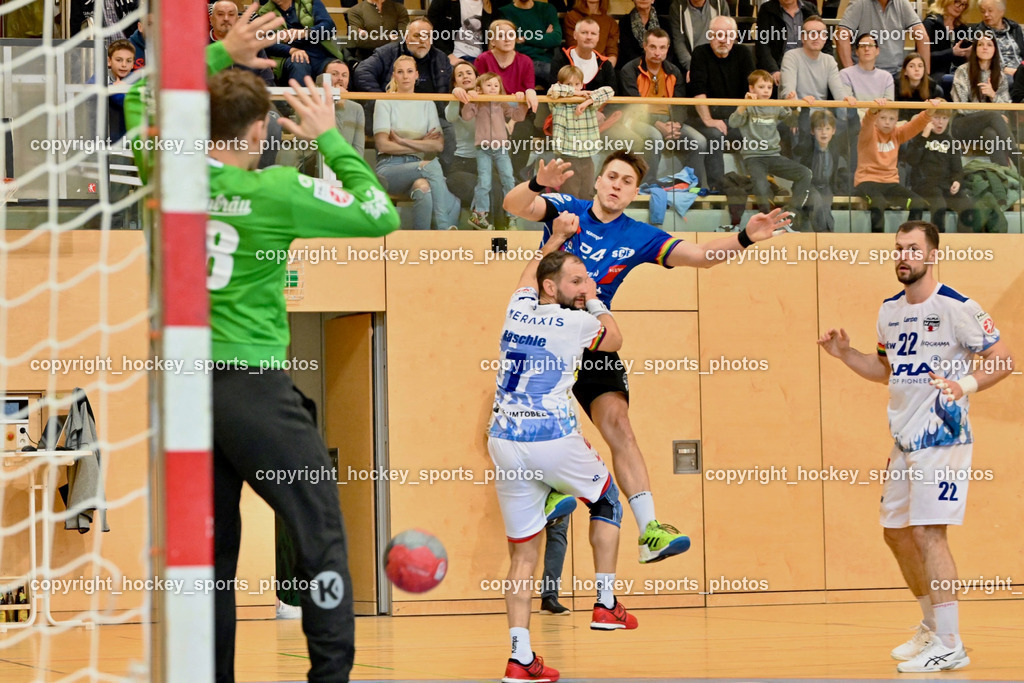 SC Ferlach vs. ALPLA HC Hard 2.3.2024 | #7 RASCHLE Luca HC Hard, #24 JOVANOVIC Mladan SC Ferlach, #22 BABIC Dejan HC Hard, SC Ferlach vs. ALPLA HC Hard 2.3.2024, SC Ferlach vs. ALPLA HC Hard am 02.03.2024 in Ferlach (Ballspielhalle Ferlach), Austria, (Photo by Bernd Stefan)