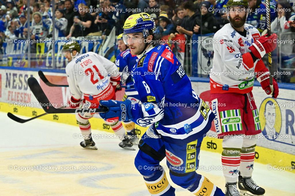 EC VSV vs. HC Bozen 16.2.2024 | #8 REBERNIG Maximilian,  #55 Vandane Davis, EC VSV vs. HC Bozen 16.2.2024, EC VSV vs. HC Bozen 16.2.2024 am 16.02.2024 in Villach (Stadthalle Villach), Austria, (Photo by Bernd Stefan)