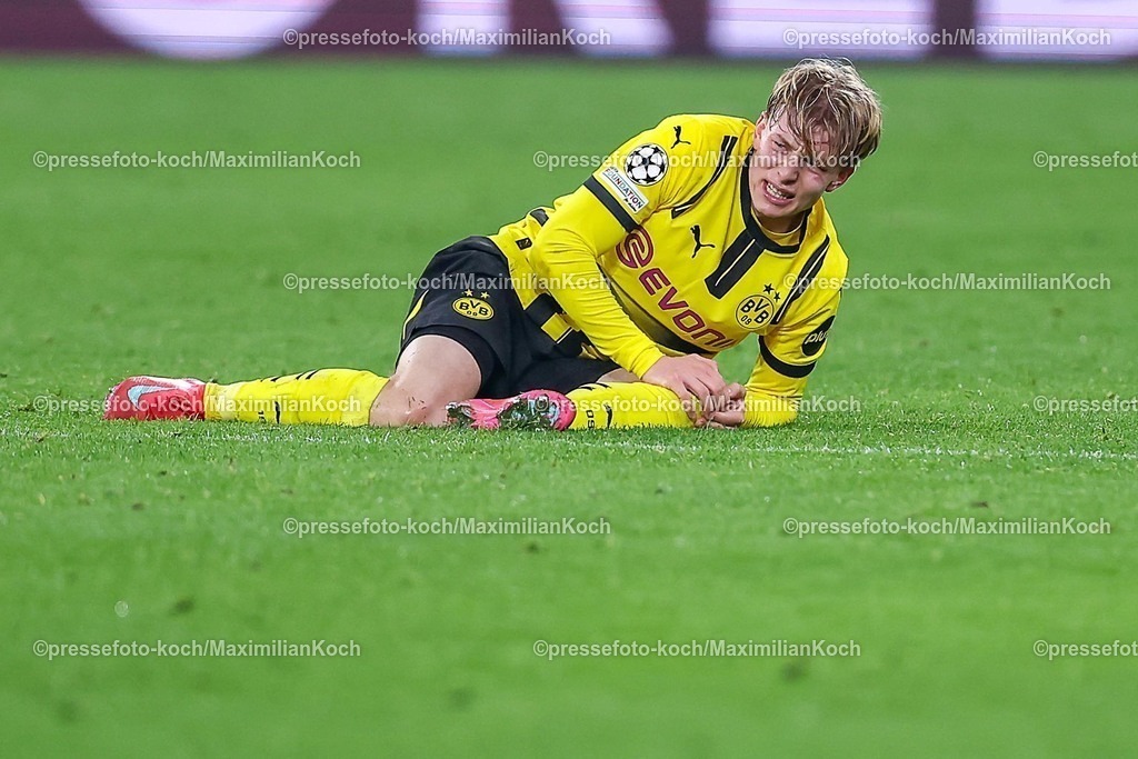 UCL04032501061 | 04.03.2025, Fußball, UEFA Champions League, Borussia Dortmund - OSC Lille, Signal Iduna Park, Runde der 16, Saison 2024 2025: Daniel Svensson (BVB #24) liegt verletzt mit Schmerzen auf dem Spielfeld und muss medizinisch versorgt werden