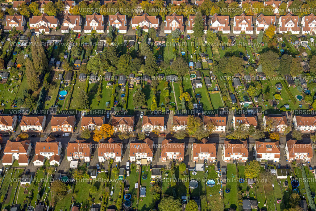 Luenen241012530 | Luftbild, Alte Kolonie - Zechensiedlung Lünen Brambauer, Reihenhäuser mit roten Dächern und Gartenanlagen, Brambauer, Lünen, Ruhrgebiet, Nordrhein-Westfalen, Deutschland