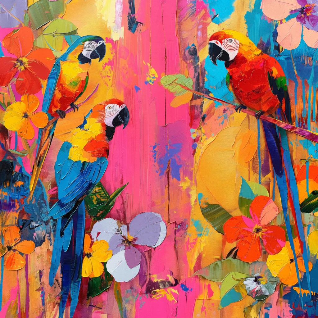 2405009 - Papageiengarten | Moderne Wandbilder auf Leinwand, Acylglas, Alu-Dibond oder als Poster. Tauchen Sie ein in die Welt KI-generierter Kunstwerke - entdecken Sie hochwertige Kunstdrucke unserer Gemälde, Illustrationen und fotorealistischen Motive.