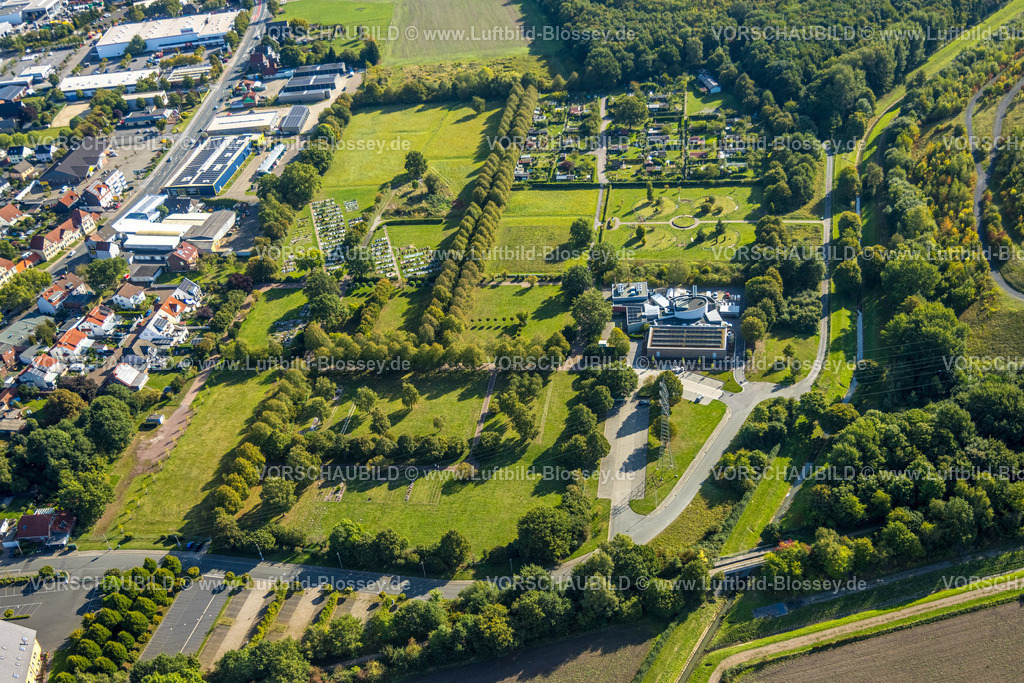 Hamm250900014 | Luftbild, Parkfriedhof Herringen Gräberfeld, Krematorium Hamm GmbH und Interkultureller Garten, Grünanlage, Stadtbezirk Herringen, Hamm, Ruhrgebiet, Nordrhein-Westfalen, Deutschland