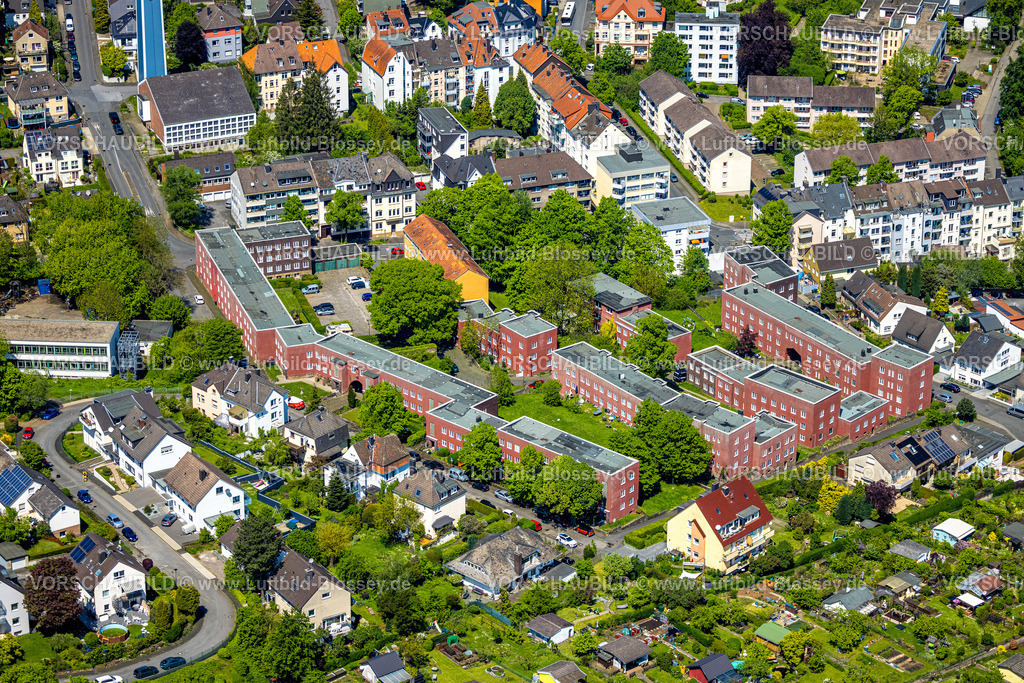 Hagen230502161 | Luftbild, denkmalgeschützte Cuno Siedlung im Wohngebiet Kuhlerkamp, Wehringhausen, Hagen, Sauerland, Nordrhein-Westfalen, Deutschland