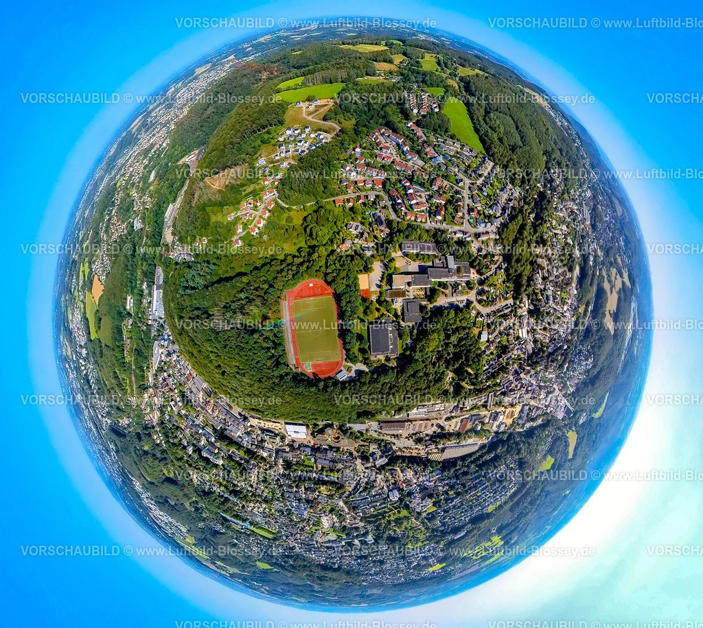 Ennepetal240890779DORMA-Sportpark_ReichenbachGymnasium | Luftbild, Dorma Sportpark und Reichenbach-Gymnasium im Stadtteil Altenvoerde, Fußballstadion und Leichtathletikstadion, Erdkugel, Fisheye Aufnahme, Fischaugen Aufnahme, 360 Grad Aufnahme, tiny world, little planet, fisheye Bild, Altenvoerde, Ennepetal, Ruhrgebiet, Nordrhein-Westfalen, Deutschland