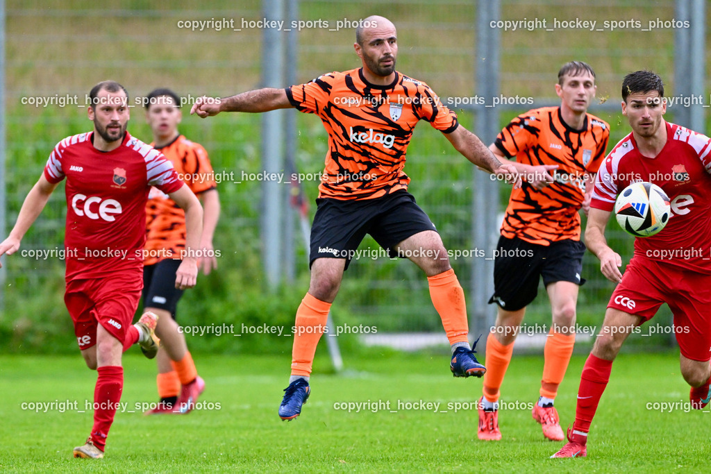 SV Viktoria Viktring vs. FC Mondi Frantschach | #7 Yevhen Sutkovyi SV Viktoria Viktring, #8 Iman Rahmatpanah Siya Masgi FC Frantschach, #17 Philipp Christian Stocker FC Frantschach, #9 Thomas Mayr SV Viktoria Viktring, SV Viktoria Viktring vs. FC Mondi Frantschach, SV Viktoria Viktring vs. FC Mondi Frantschach am 02.08.2025 in Klagenfurt (Sportplatz Viktrink), Austria, (Photo by Bernd Stefan)