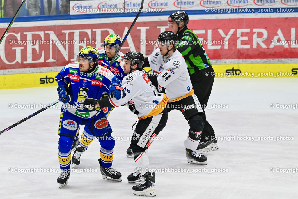EC IDM Wärmepumpen VSV vs. Pioneers Vorarlberg | #13 Adam Helewka EC VSV, #44 Julius Reini Pioneers Vorarlberg, #91 Nick Hutchison EC VSV, #12 Cole Gallant Pioneers Vorarlberg, EC IDM Wärmepumpen VSV vs. Pioneers Vorarlberg, EC IDM Wärmepumpen VSV vs. Pioneers Vorarlberg am 22.02.2026 in Villach (Stadthalle Villach), Austria, (Photo by Bernd Stefan)