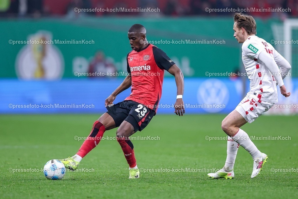DFB05022502283 | 05.02.2025, Fußball, DFB-Pokal Viertelfinale, Bayer 04 Leverkusen - 1.FC Köln, BayArena, Saison 2024 2025: Nordi Mukiele (Bayer04 Leverkusen #23)DFB regulations prohibit any use of photographs as image sequences and or quasi-video.