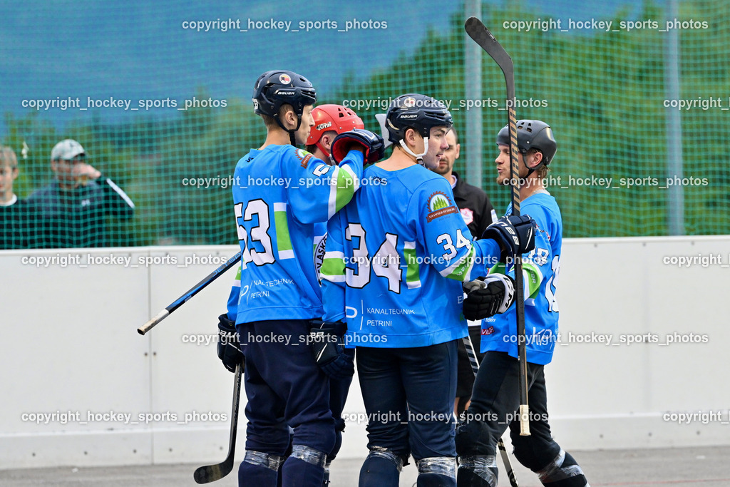 ASKÖ Hockey Villach vs. VAS Ballhockey  | Jubel ASKÖ Hockey Villach Mannschaft, #53 NINDLER Elias ASKÖ Villach Hockey, #34 PRODINGER Dominik ASKÖ Villach Hockey, ASKÖ Hockey Villach vs. VAS Ballhockey , ASKÖ Hockey Villach vs. VAS Ballhockey  am 06.07.2025 in Villach (Alpen Arena ), Austria, (Photo by Bernd Stefan)
