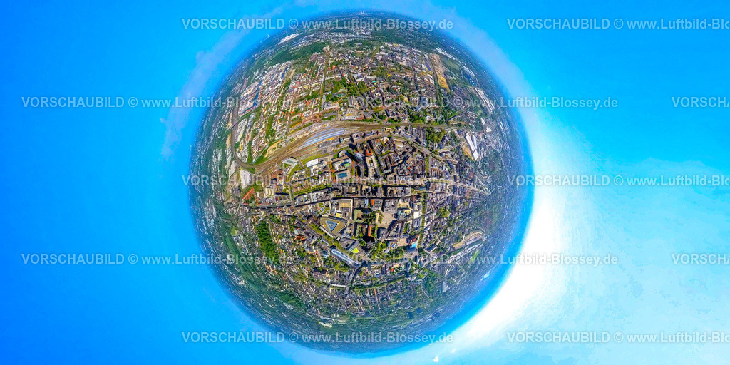 Dortmund230532003Mitte-2-2 | Luftbild, City mit Hauptbahnhof, Erdkugel, Fisheye Aufnahme, Fischaugen Aufnahme, 360 Grad Aufnahme, City, Dortmund, Ruhrgebiet, Nordrhein-Westfalen, Deutschland